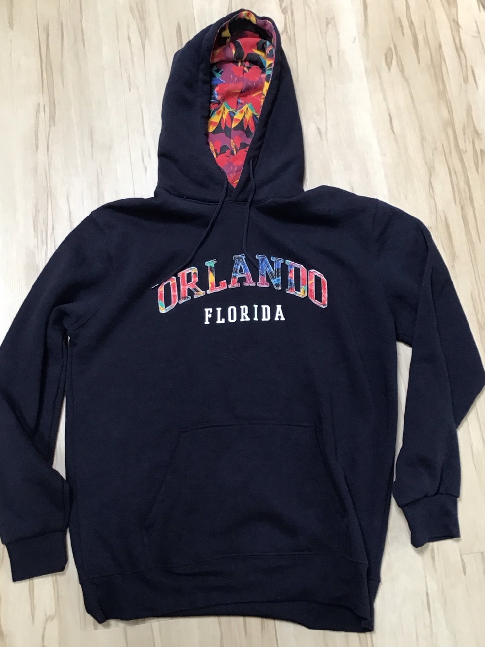 Teemax Orlando Florida Men's Navy Colorful Tropical Print Hoodie Sweatshirt L